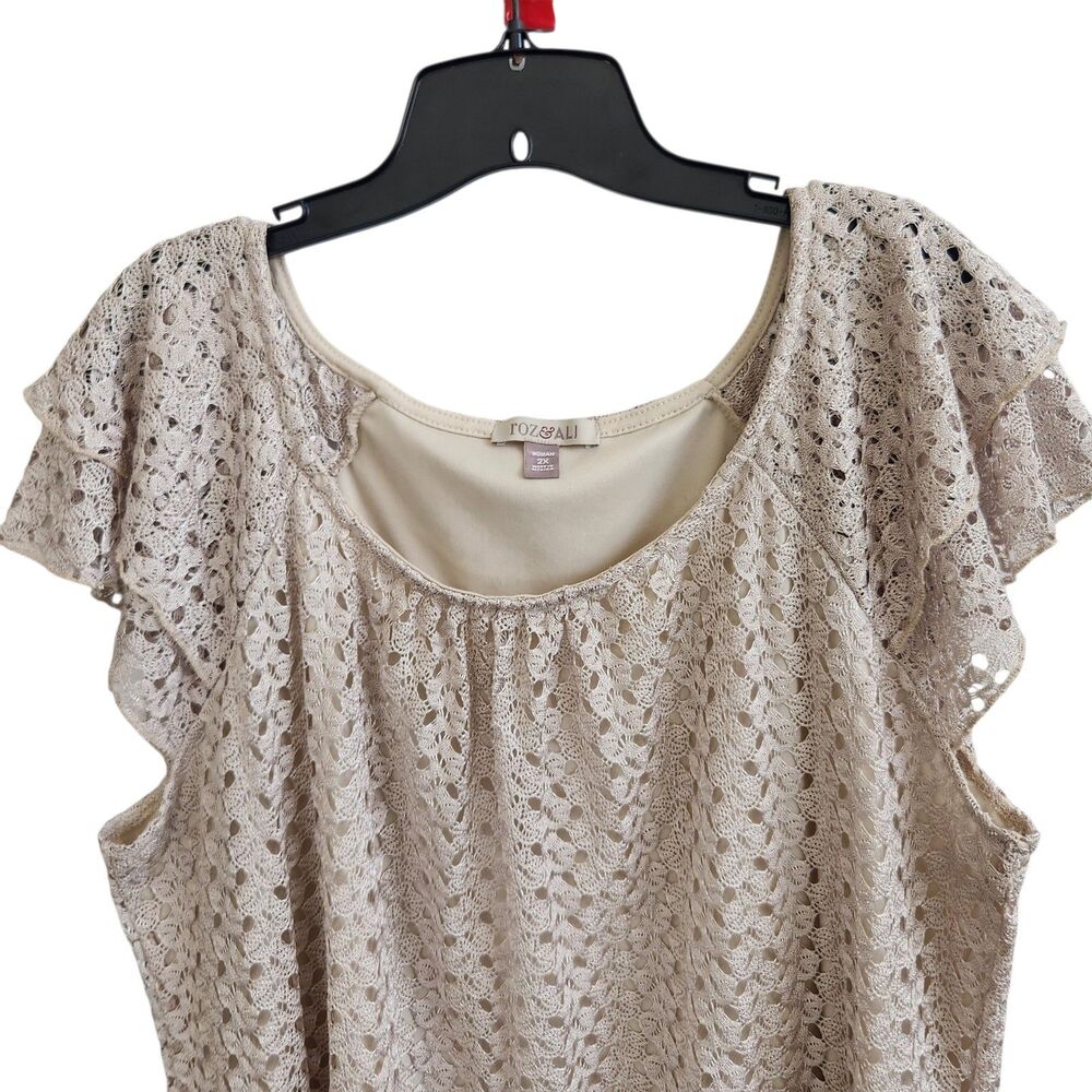 Roz & Ali-2X-Boho-Beige-Crochet Knit Top-Layered Flutter Sleeve-Coastal Grandma - Picture 2 of 10
